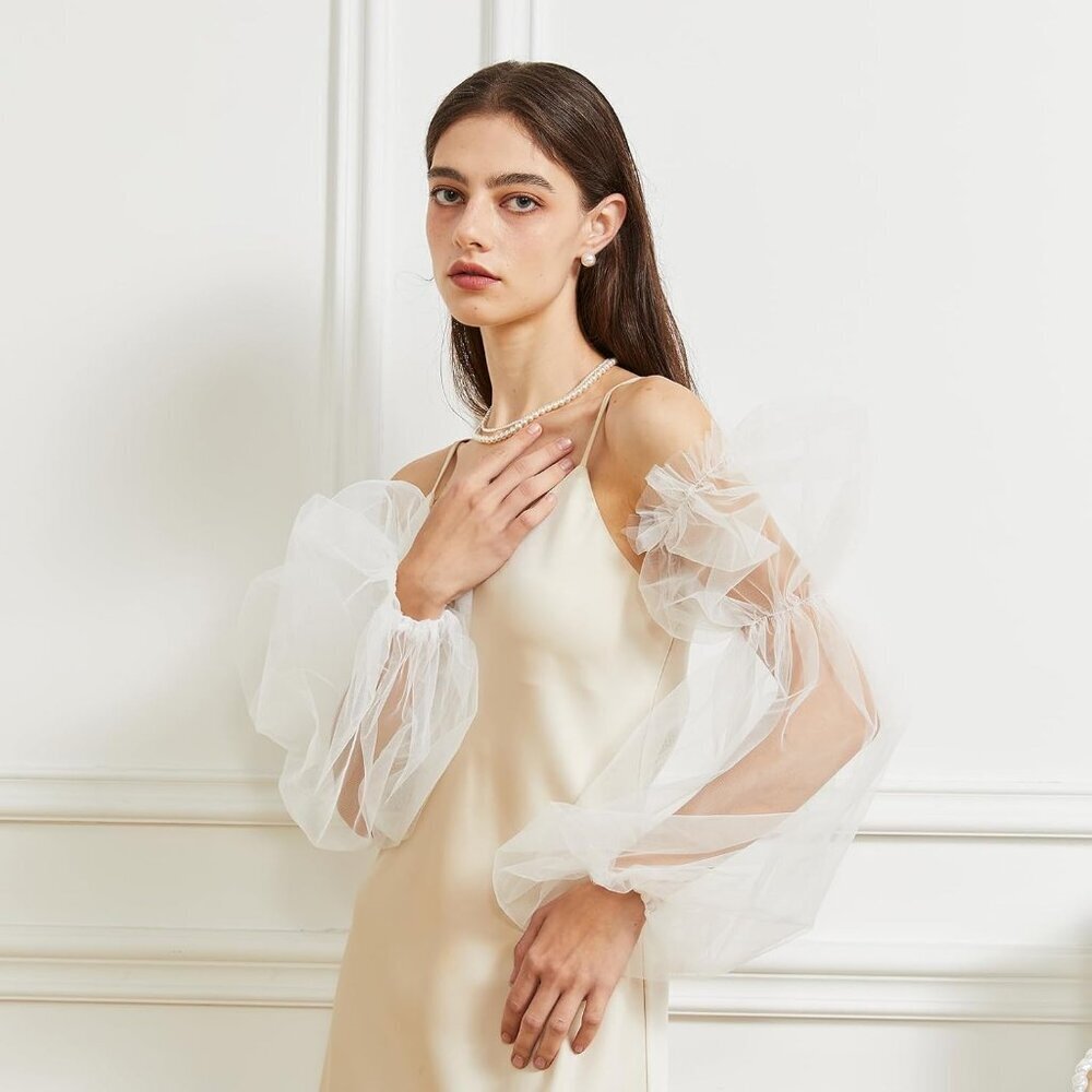 Women's White 2 Satin Tulle Ruffled Puff Long Gloves Banquet Wedding Party - Picture 3 of 7